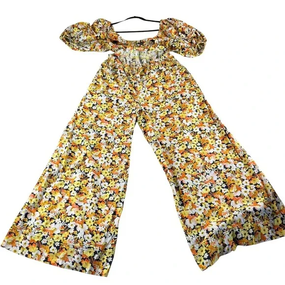 Free People Floral Print Puff‎ Sleeve Cutout Wide Leg Jumpuit Size Small - Picture 11 of 14